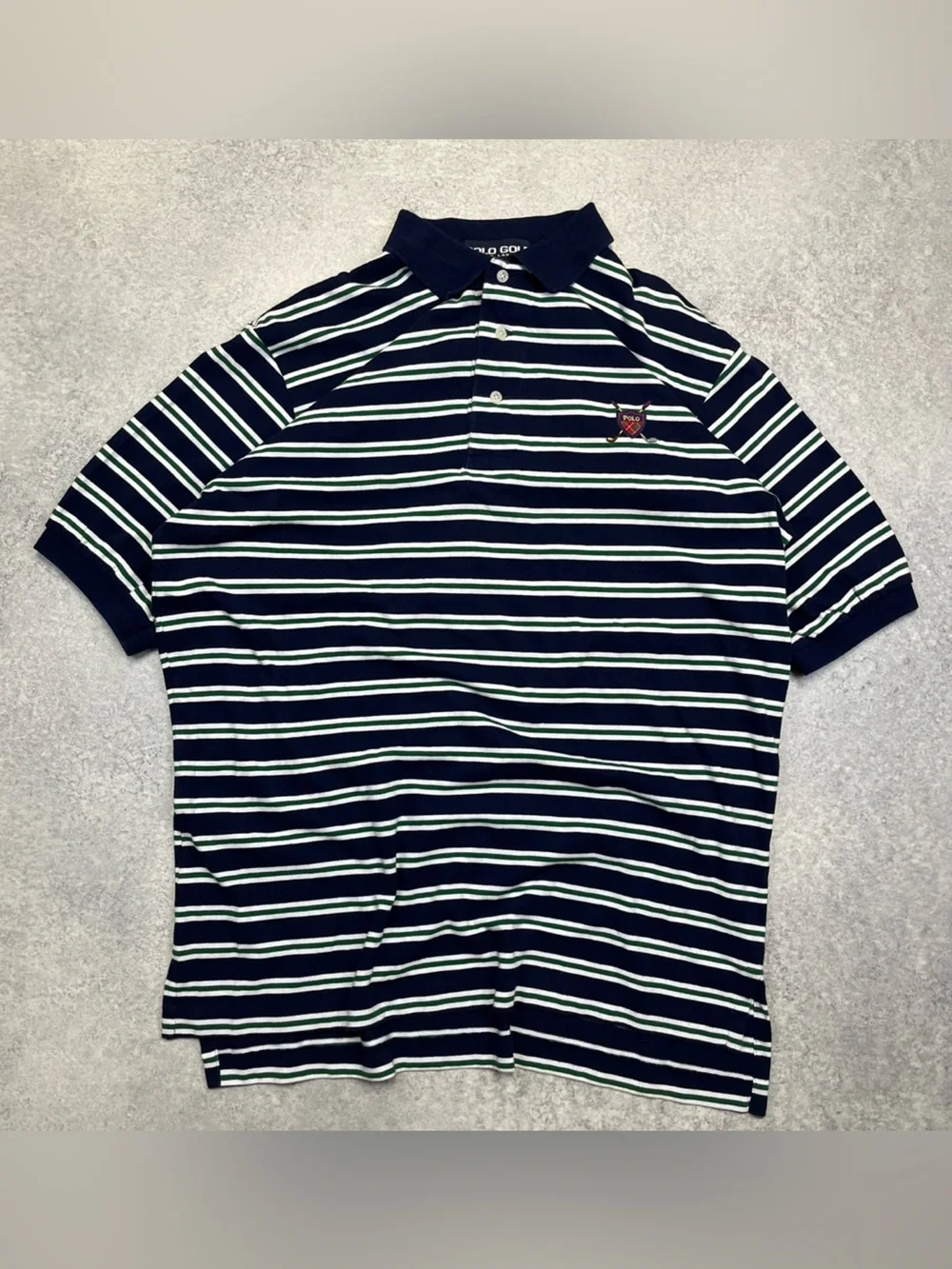 Vintage Polo Golf Ralph Lauren Navy Blue Green White Stripes Short Sleeve Shirt